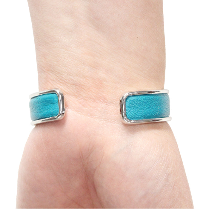 Love Heart Cuff Bracelet / fits up to 7 inch wrist size / turquoise leather / rhodium plated cuff