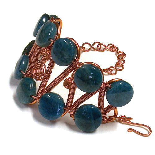 Blue Apatite Copper Wire Bracelet / for 7 - 8" wrist size / cuff style with extender chain