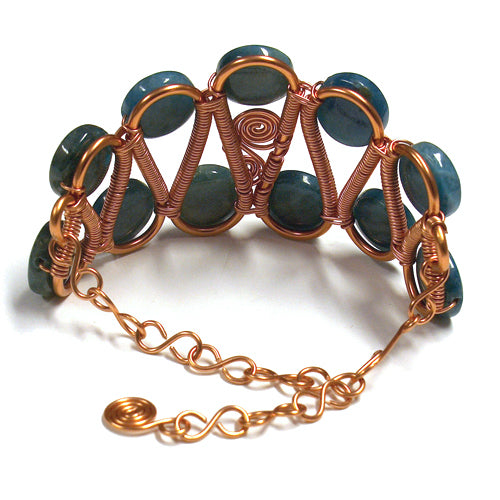 Blue Apatite Copper Wire Bracelet / for 7 - 8" wrist size / cuff style with extender chain