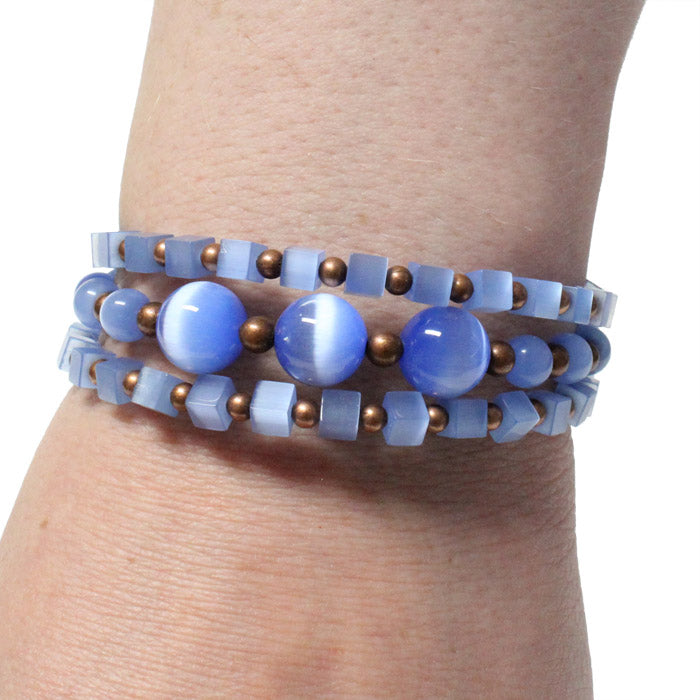 Blue Fiber Optic Bracelet / 6 to 8 Inch wrist size / antique copper accent beads