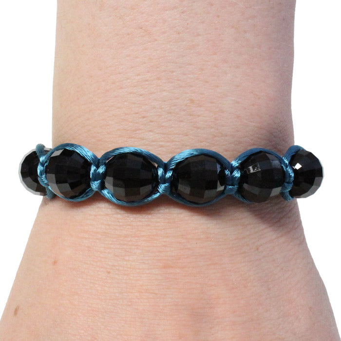Black Chessboard Crystal Macrame Bracelet / 6 to 8 Inch wrist size / large jet black faceted ball crystals / teal satin cord
