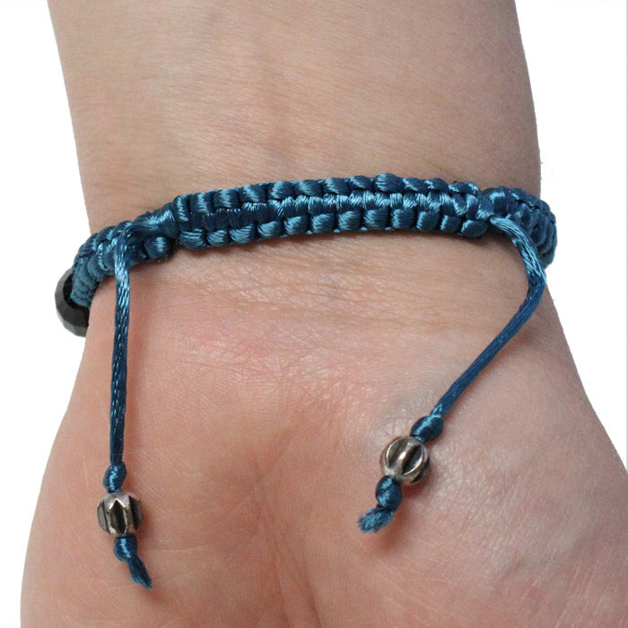 Black Chessboard Crystal Macrame Bracelet / 6 to 8 Inch wrist size / large jet black faceted ball crystals / teal satin cord