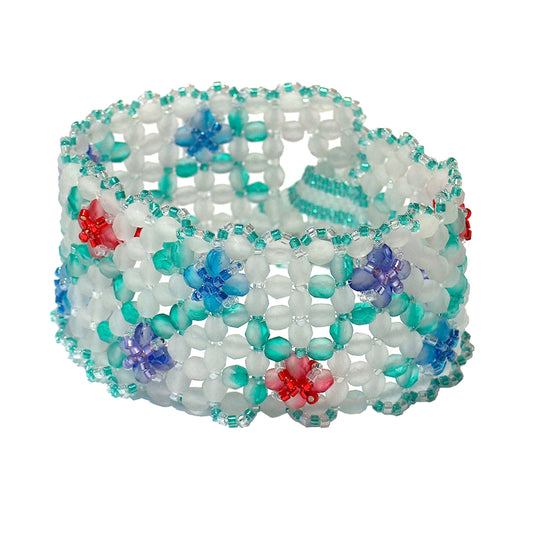 Flowers in Glass Bracelet / fits 6.5 to 7 Inch wrist size / beaded flowers on a matte crystal background