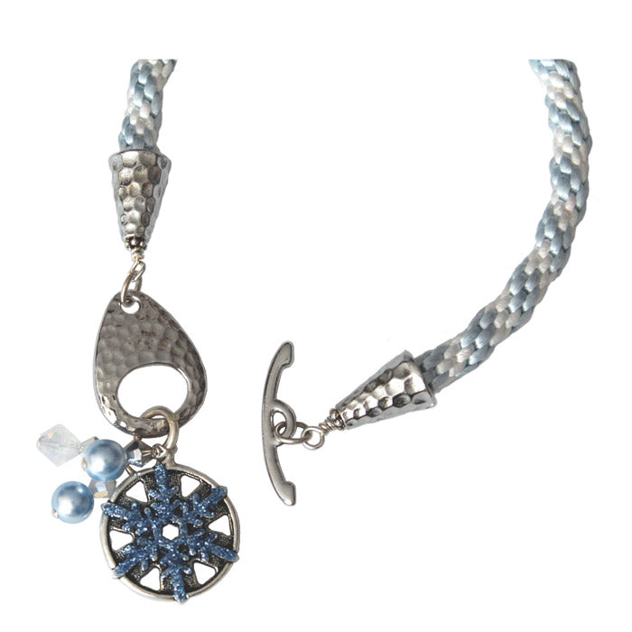 Winter Snowflake Bracelet / fits 6.5 to 7 Inch wrist size / white and light blue kumihimo braided cord / silver pewter charm and clasp