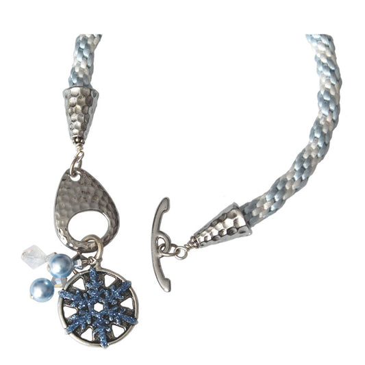 Winter Snowflake Bracelet / fits 6.5 to 7 Inch wrist size / white and light blue kumihimo braided cord / silver pewter charm and clasp