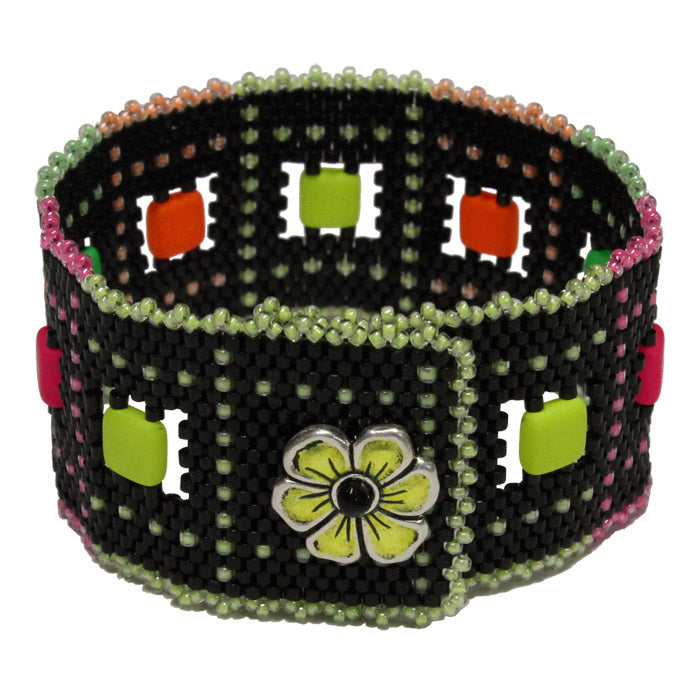 Neon Nights Peyote Stitch Bracelet / fits 6-1/2 to 6-3/4 Inch wrist / apple blossom button clasp