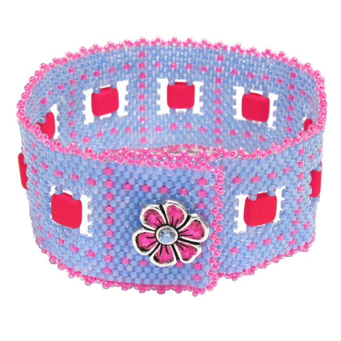 Pink Bluebird Peyote Stitch Bracelet / fits 6-1/2 to 6-3/4 Inch wrist / apple blossom button clasp