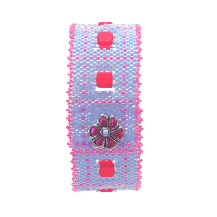 Pink Bluebird Peyote Stitch Bracelet / fits 6-1/2 to 6-3/4 Inch wrist / apple blossom button clasp
