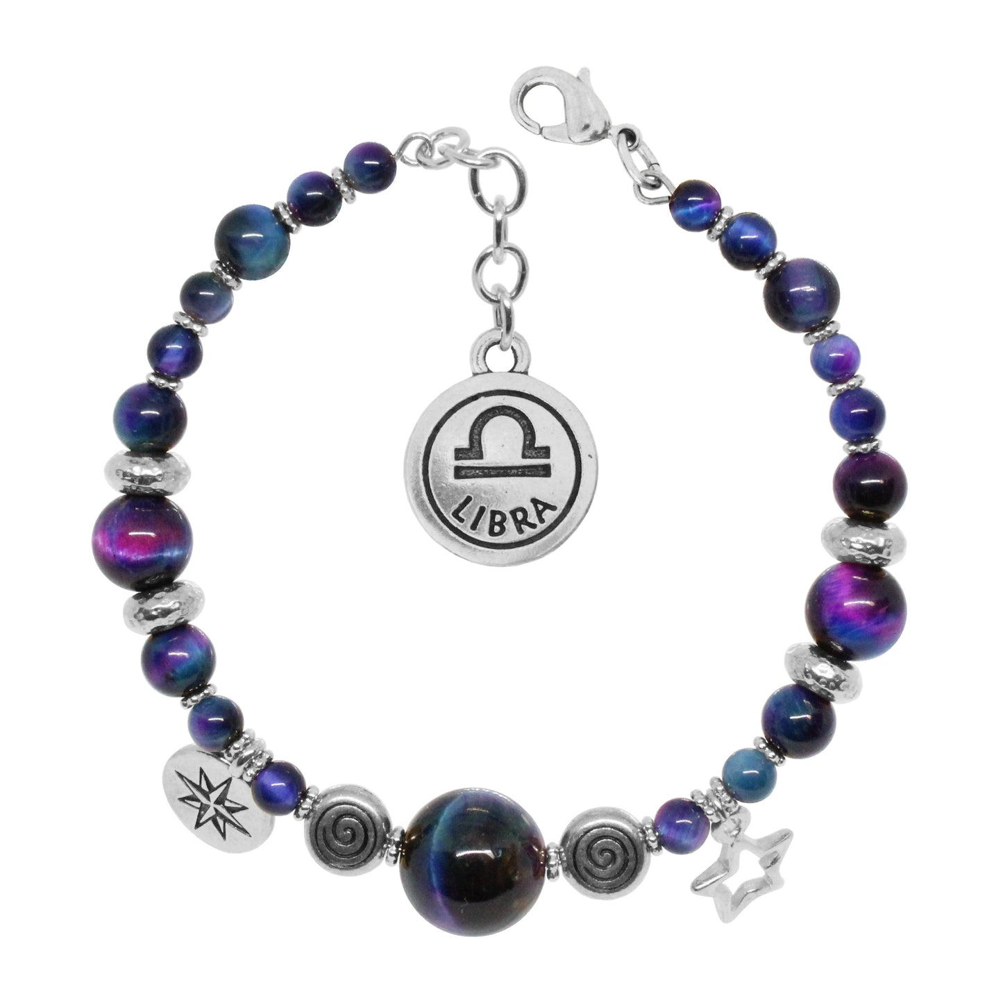 Rainbow Tiger's Eye Bracelet with zodiac charm / 6 to 7 Inch wrist size / silver pewter beads and charms / choose your sign