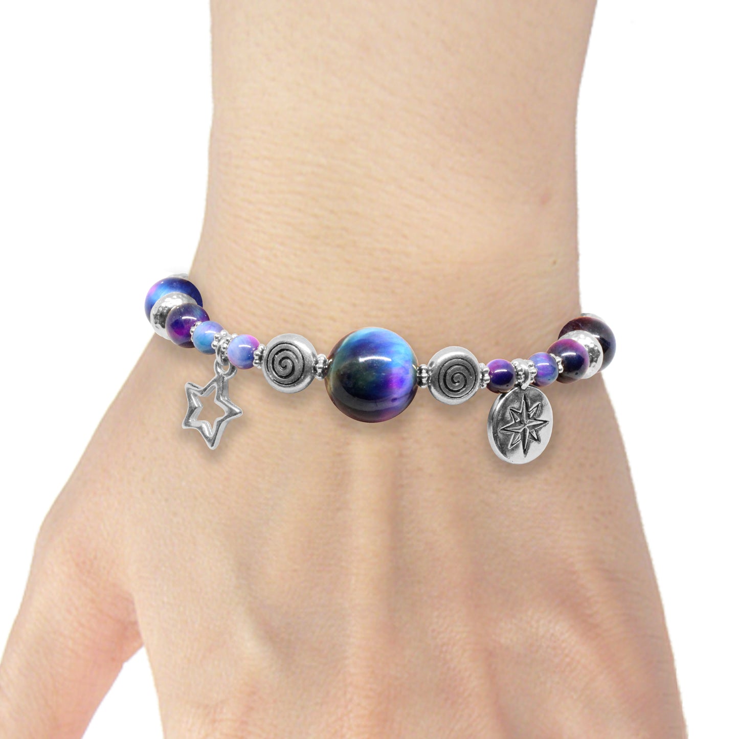 Rainbow Tiger's Eye Bracelet with zodiac charm / 6 to 7 Inch wrist size / silver pewter beads and charms / choose your sign