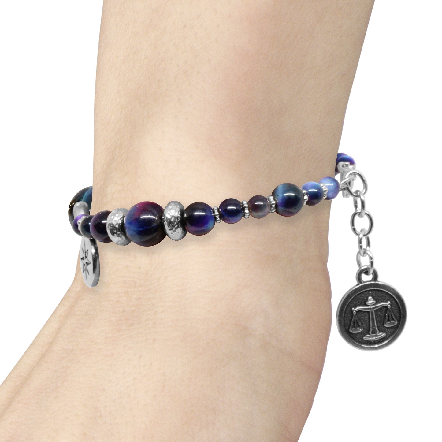 Rainbow Tiger's Eye Bracelet with zodiac charm / 6 to 7 Inch wrist size / silver pewter beads and charms / choose your sign