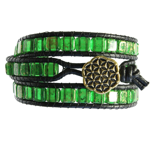 Flower of Life Triple Wrap Bracelet / fits 6.5 to 7 Inch wrist size / green glass and black leather cord / button closure