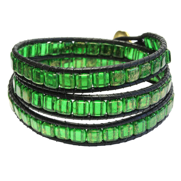 Flower of Life Triple Wrap Bracelet / fits 6.5 to 7 Inch wrist size / green glass and black leather cord / button closure
