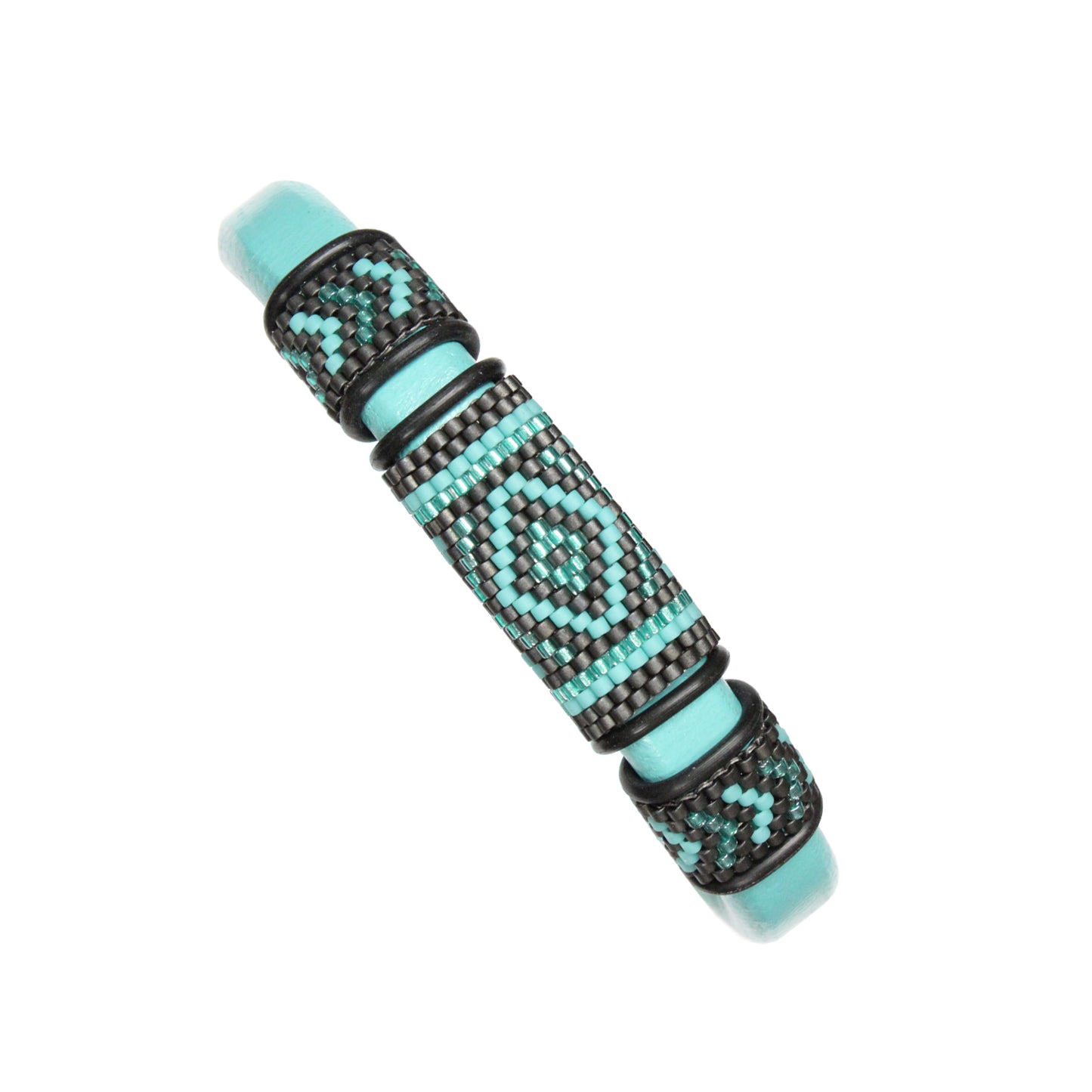 TURQUOISE Geometric Bracelet / fits 6.5 to 7 Inch wrist size / with black trim / leather with magnetic clasp