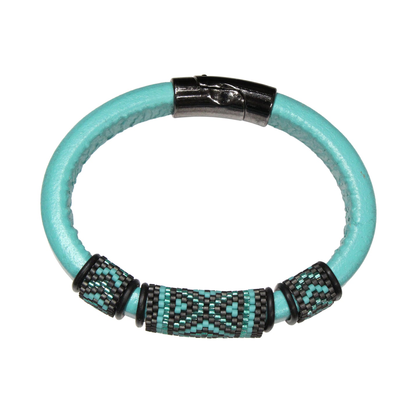 TURQUOISE Geometric Bracelet / fits 6.5 to 7 Inch wrist size / with black trim / leather with magnetic clasp