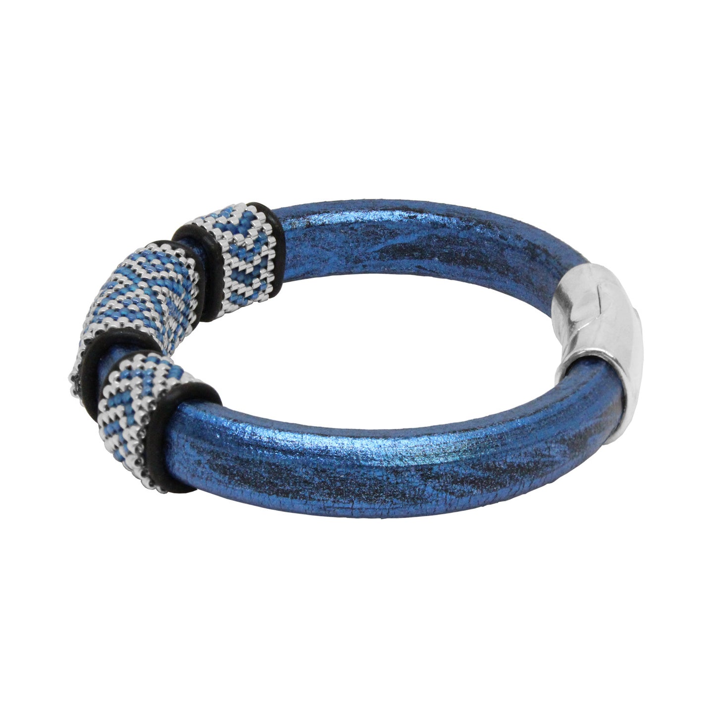 METALLIC BLUE Geometric Bracelet / fits 6.5 to 7 Inch wrist size / leather with magnetic clasp