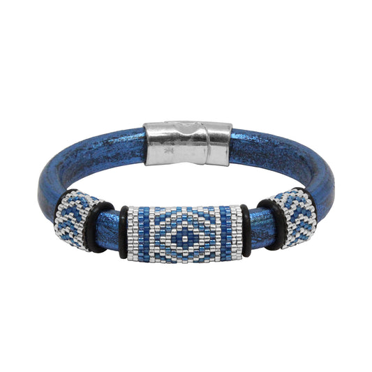 METALLIC BLUE Geometric Bracelet / fits 6.5 to 7 Inch wrist size / leather with magnetic clasp