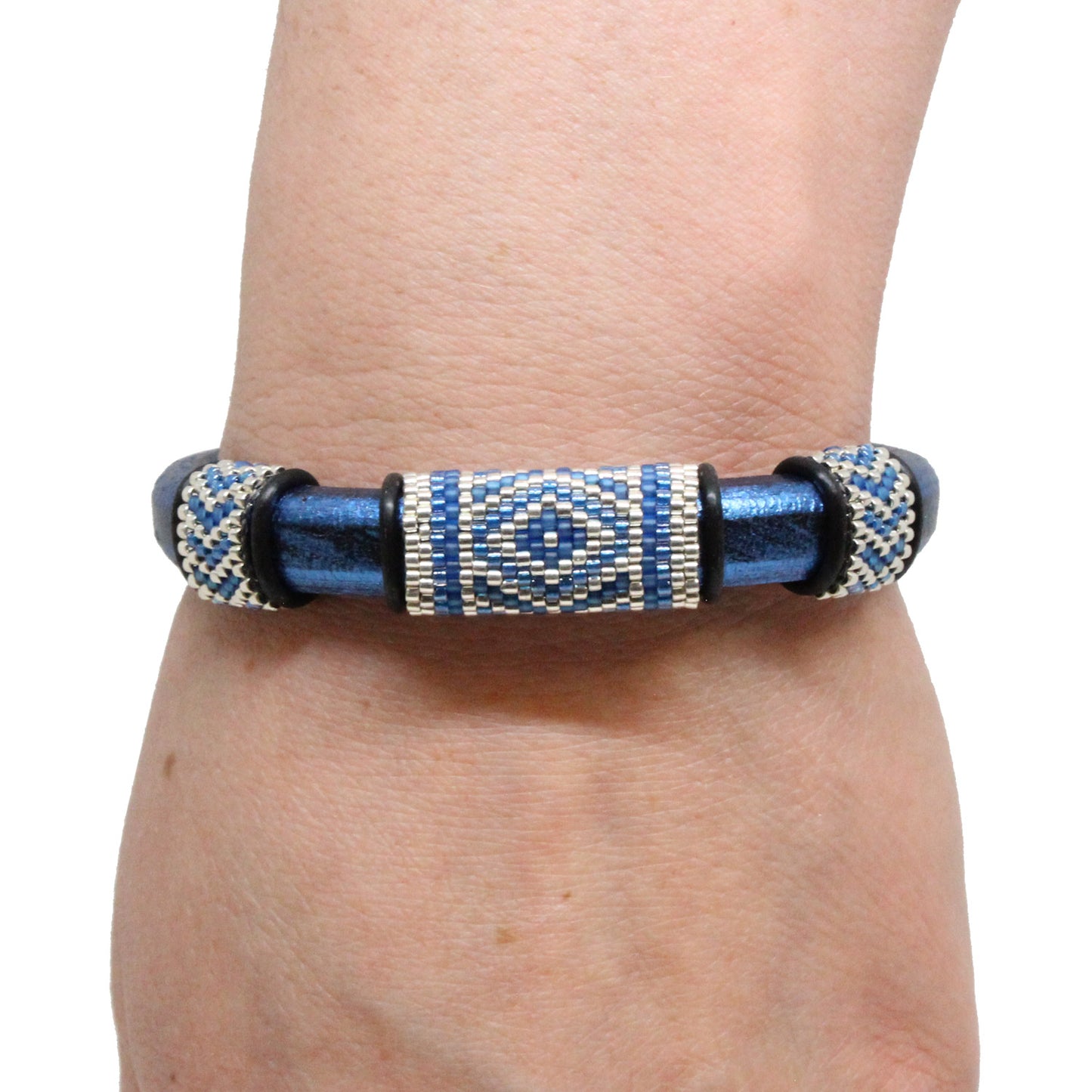 METALLIC BLUE Geometric Bracelet / fits 6.5 to 7 Inch wrist size / leather with magnetic clasp