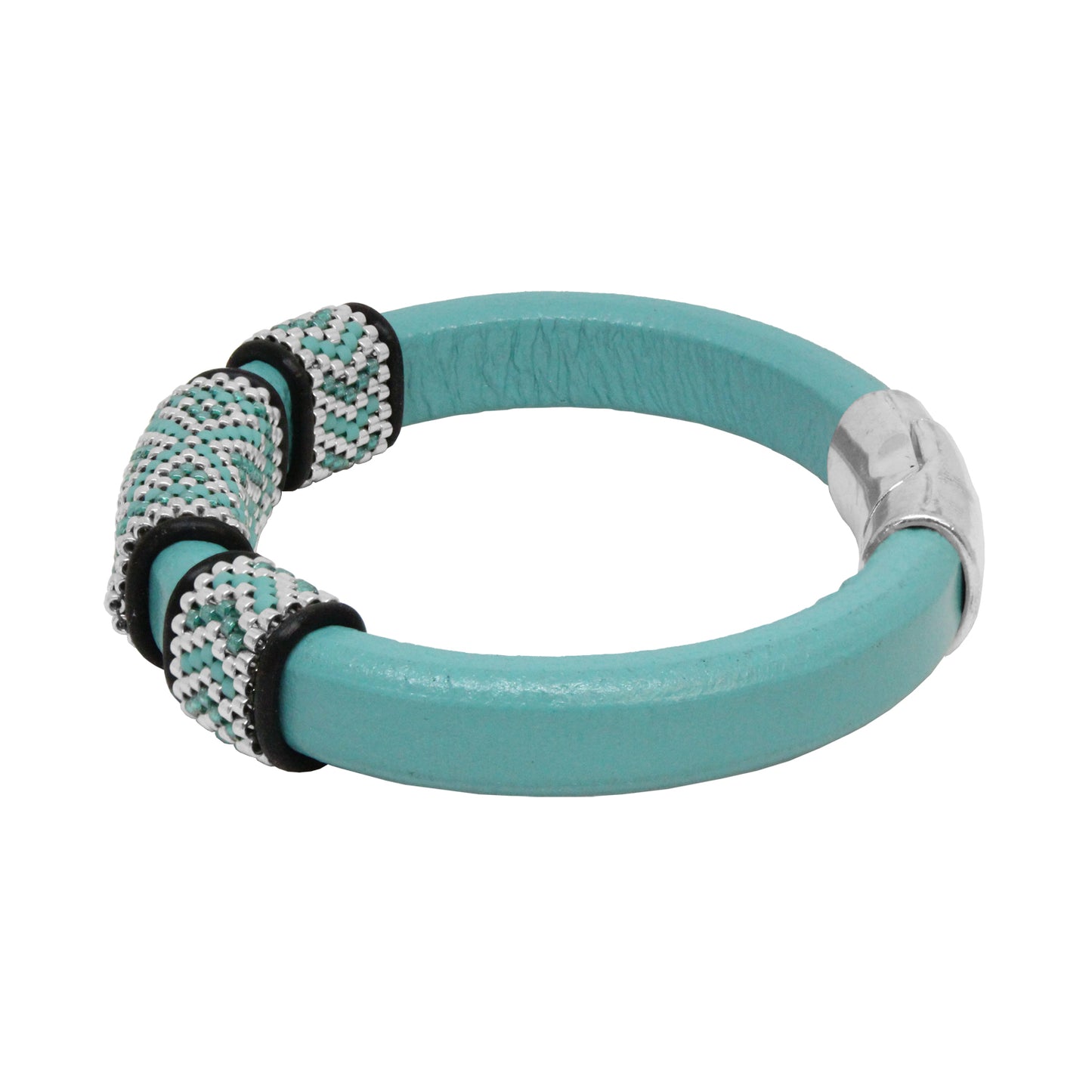 TURQUOISE GREEN Geometric Bracelet / fits 6.5 to 7 Inch wrist size / leather with magnetic clasp