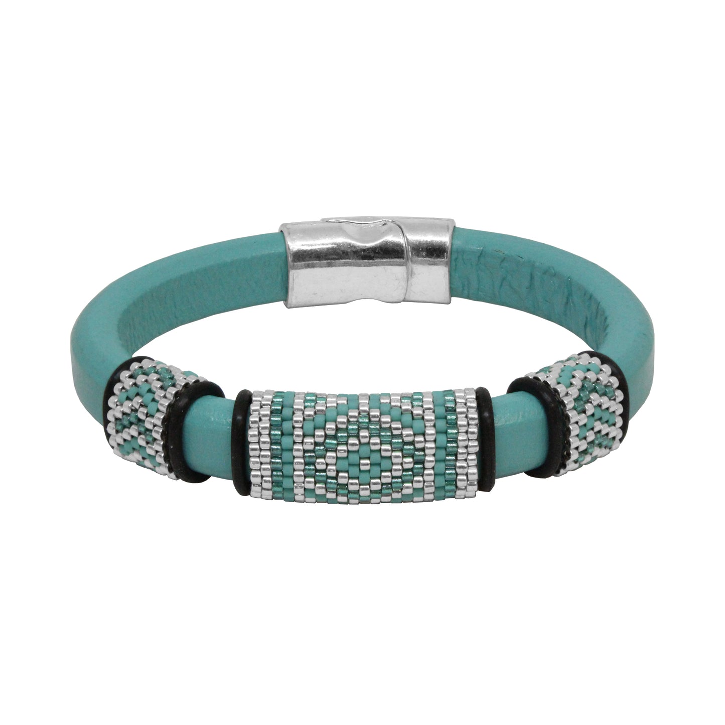 TURQUOISE GREEN Geometric Bracelet / fits 6.5 to 7 Inch wrist size / leather with magnetic clasp