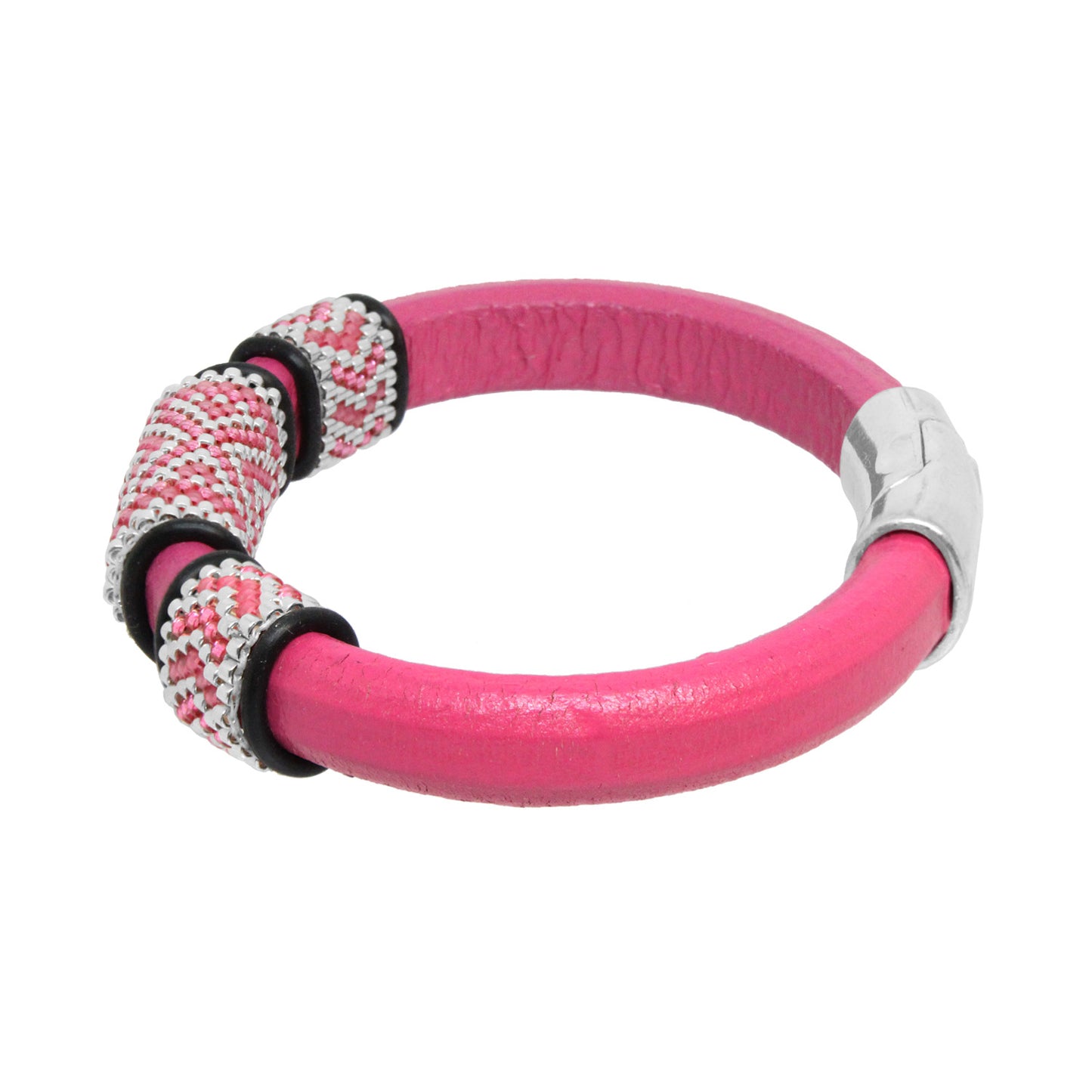 FUCHSIA PINK Geometric Bracelet / fits 6.5 to 7 Inch wrist size / leather with magnetic clasp