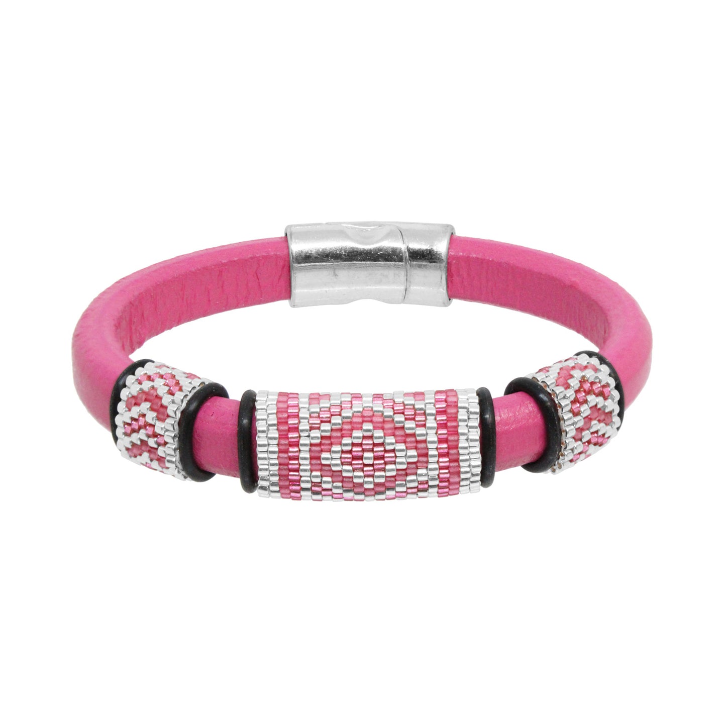 FUCHSIA PINK Geometric Bracelet / fits 6.5 to 7 Inch wrist size / leather with magnetic clasp