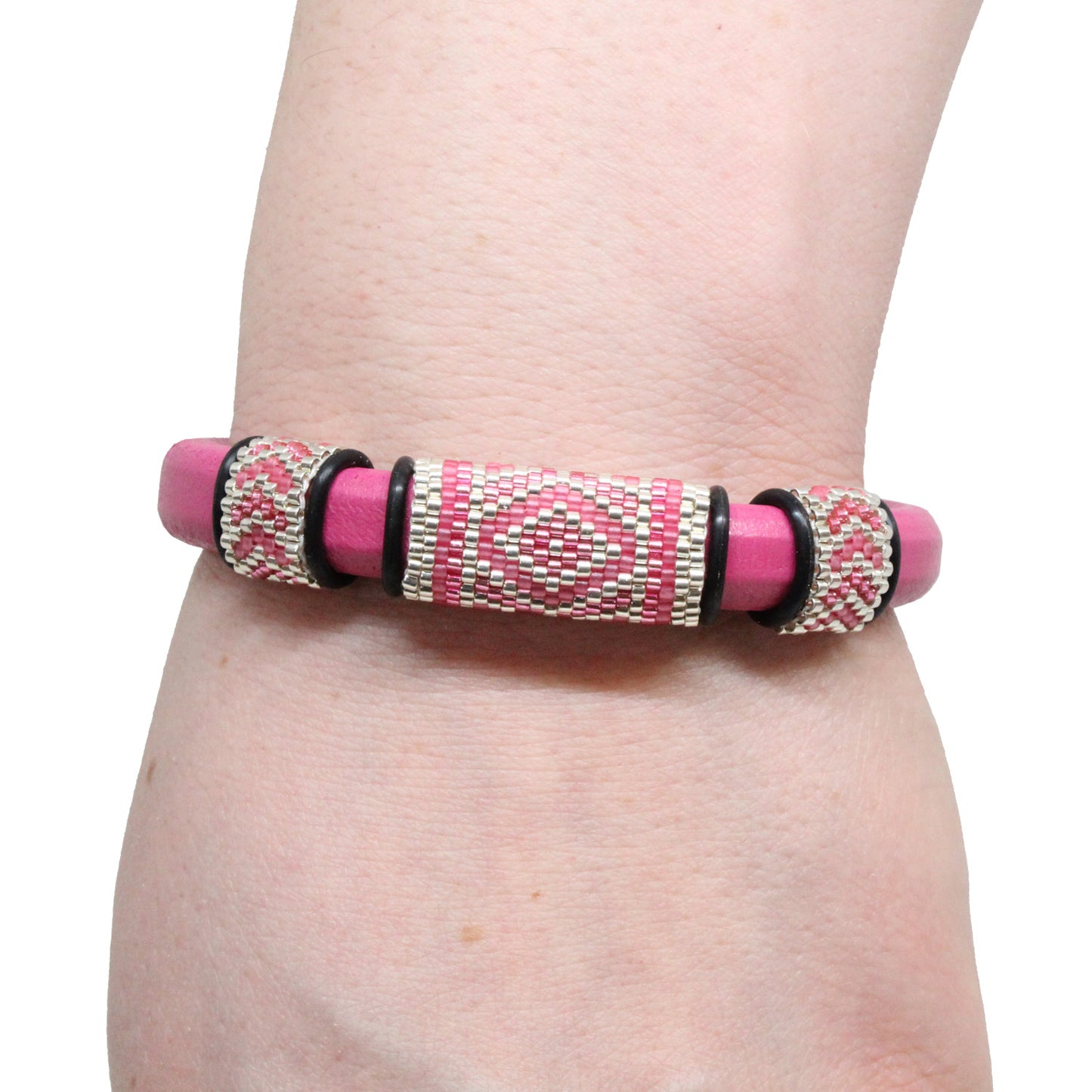 FUCHSIA PINK Geometric Bracelet / fits 6.5 to 7 Inch wrist size / leather with magnetic clasp