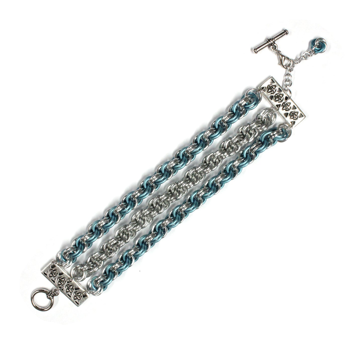 Handmade Chainmaille Bracelet – Triple-Strand Double Spiral Weave in Blue and Silver / adjustable clasp for 6.5 to 7.5 inch wrist