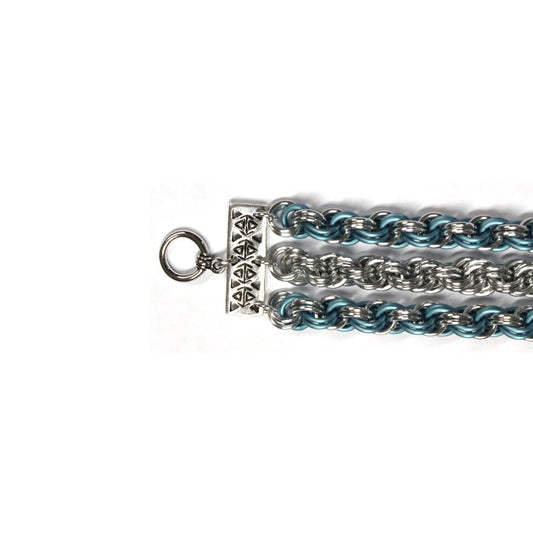 Handmade Chainmaille Bracelet – Triple-Strand Double Spiral Weave in Blue and Silver / adjustable clasp for 6.5 to 7.5 inch wrist