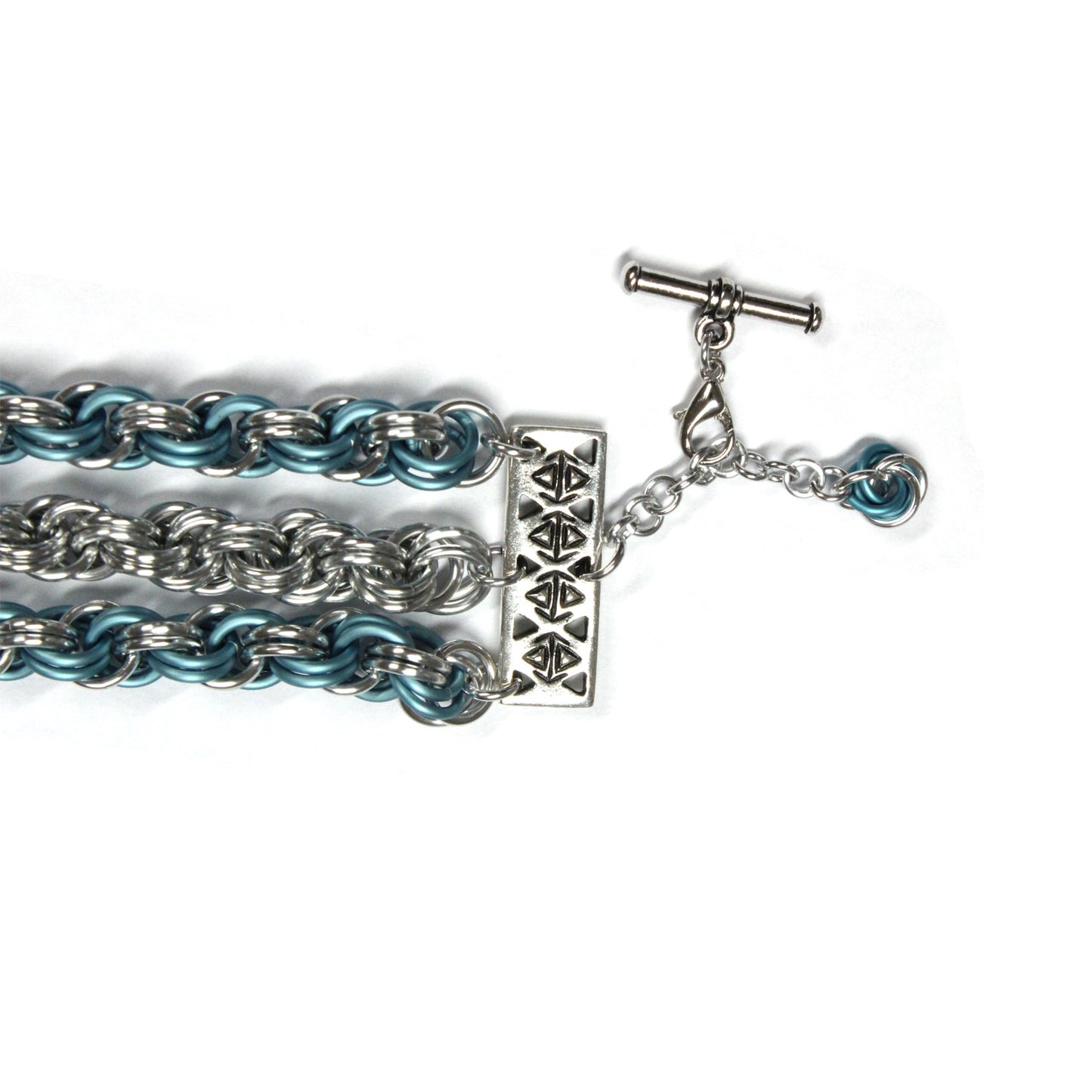 Handmade Chainmaille Bracelet – Triple-Strand Double Spiral Weave in Blue and Silver / adjustable clasp for 6.5 to 7.5 inch wrist