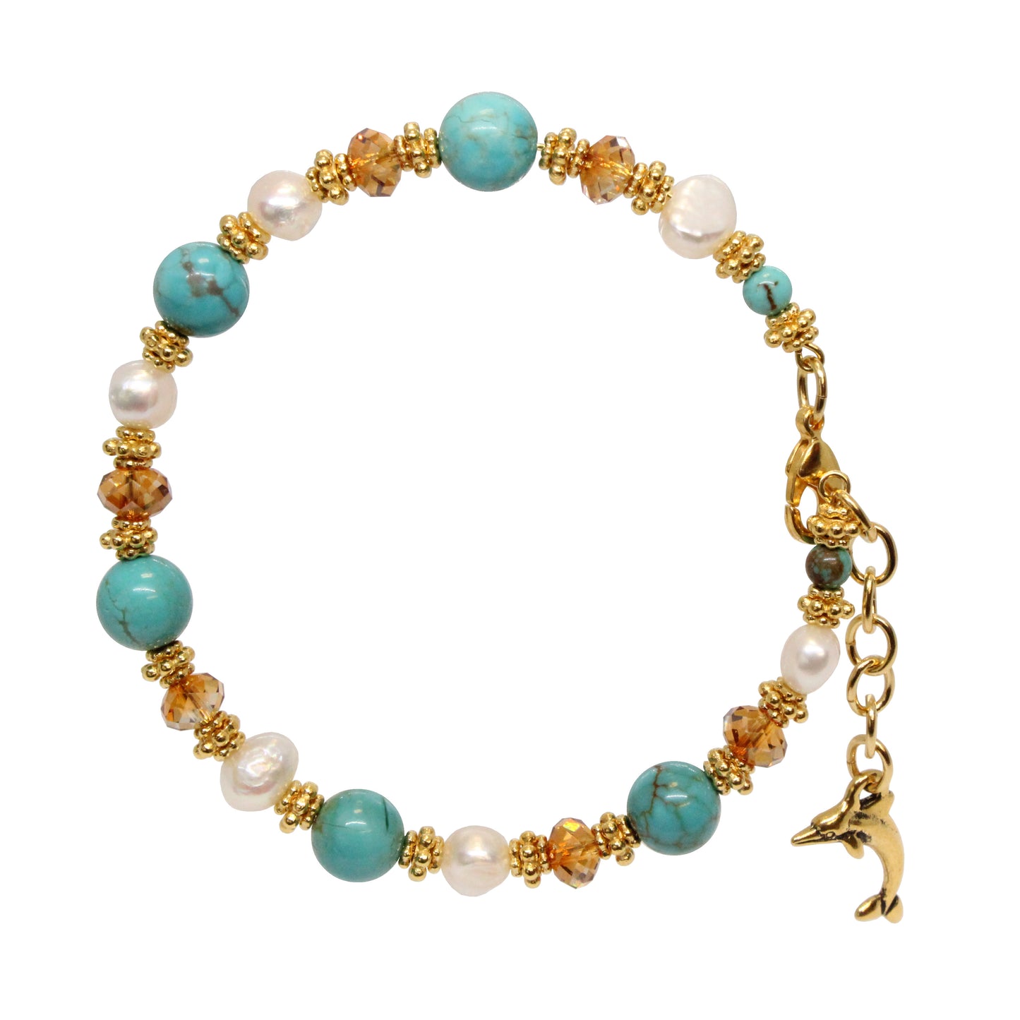 Dolphin Bracelet / 6 to 7.5 Inch wrist size / stabilized #8 Mine turquoise / pearls and crystal / gold pewter beads and charm