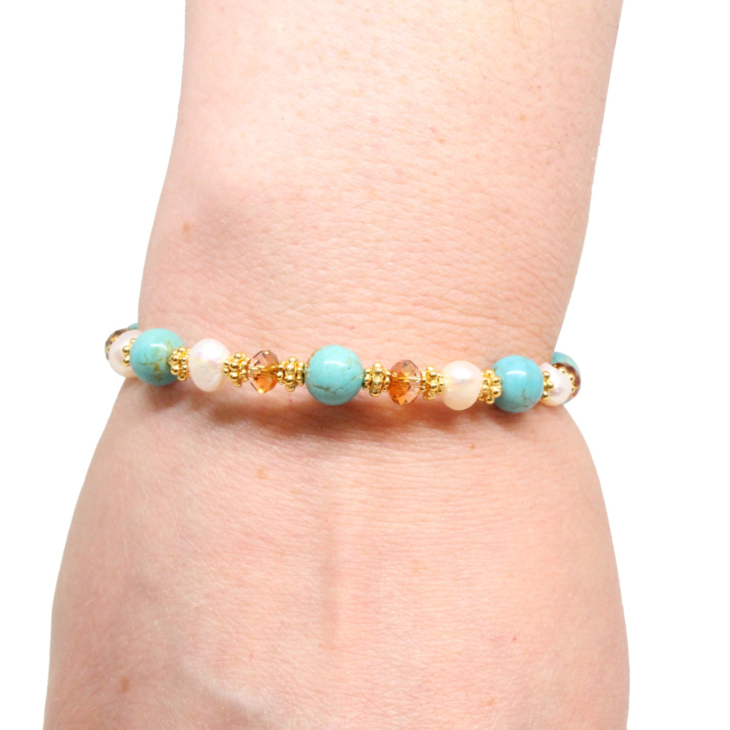 Dolphin Bracelet / 6 to 7.5 Inch wrist size / stabilized #8 Mine turquoise / pearls and crystal / gold pewter beads and charm