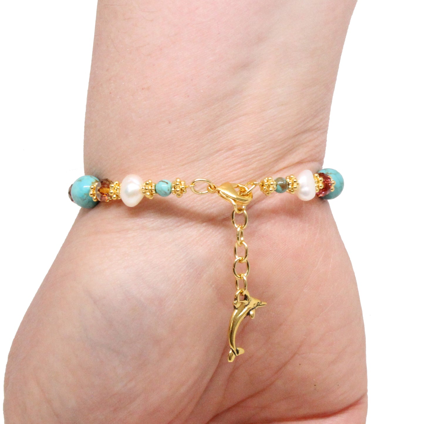 Dolphin Bracelet / 6 to 7.5 Inch wrist size / stabilized #8 Mine turquoise / pearls and crystal / gold pewter beads and charm