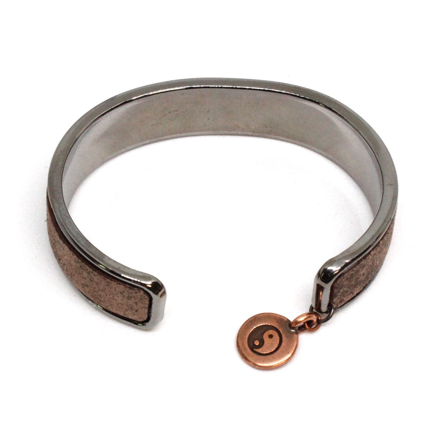 Distressed Chocolate Brown Cuff Bracelet / fits up to 7 inch wrist size / Euro leather on gunmetal black cuff / yin yang charm