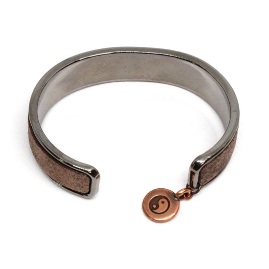 Distressed Chocolate Brown Cuff Bracelet / fits up to 7 inch wrist size / Euro leather on gunmetal black cuff / yin yang charm