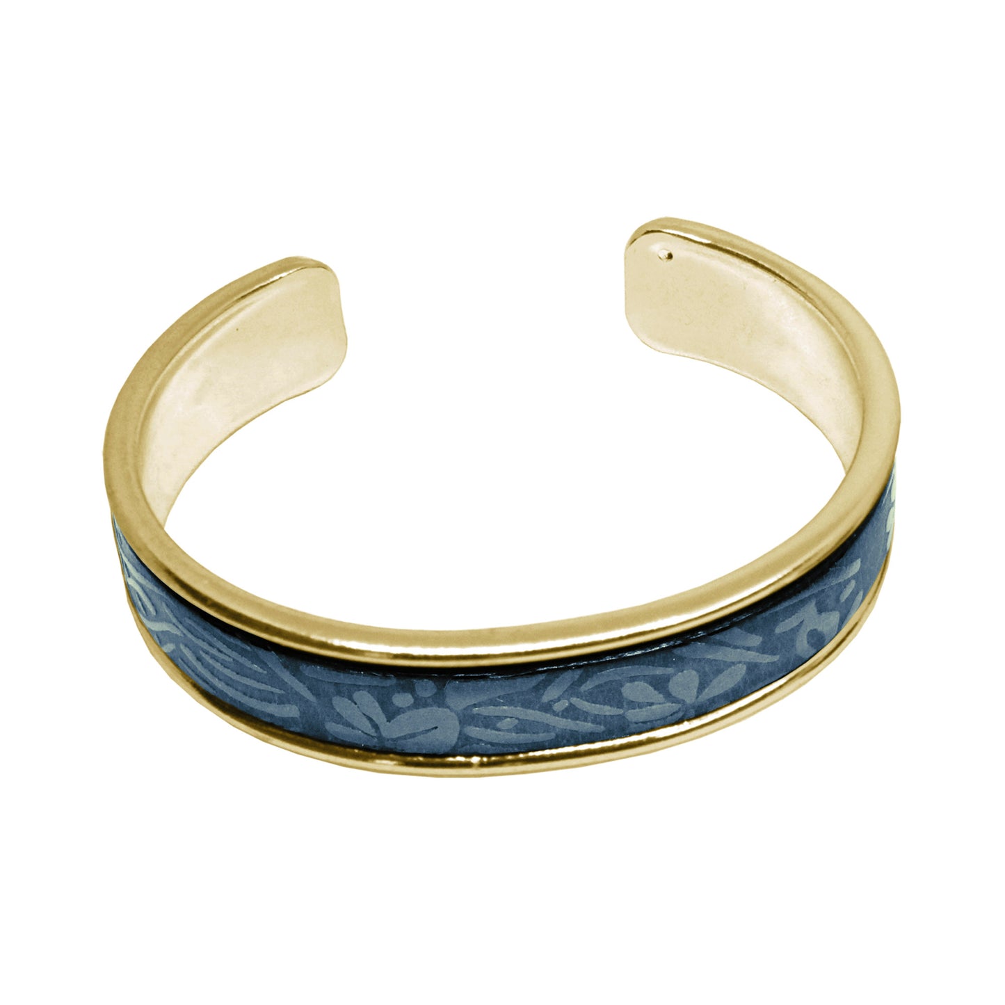 Blue Leather Cuff Bracelet / fits up to 7 inch wrist size / embossed floral leather / gold plated cuff