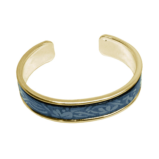 Blue Leather Cuff Bracelet / fits up to 7 inch wrist size / embossed floral leather / gold plated cuff