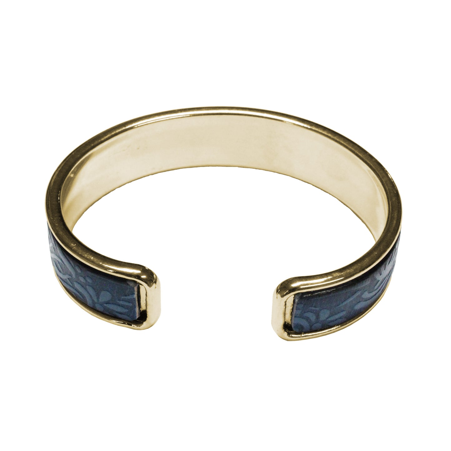 Blue Leather Cuff Bracelet / fits up to 7 inch wrist size / embossed floral leather / gold plated cuff