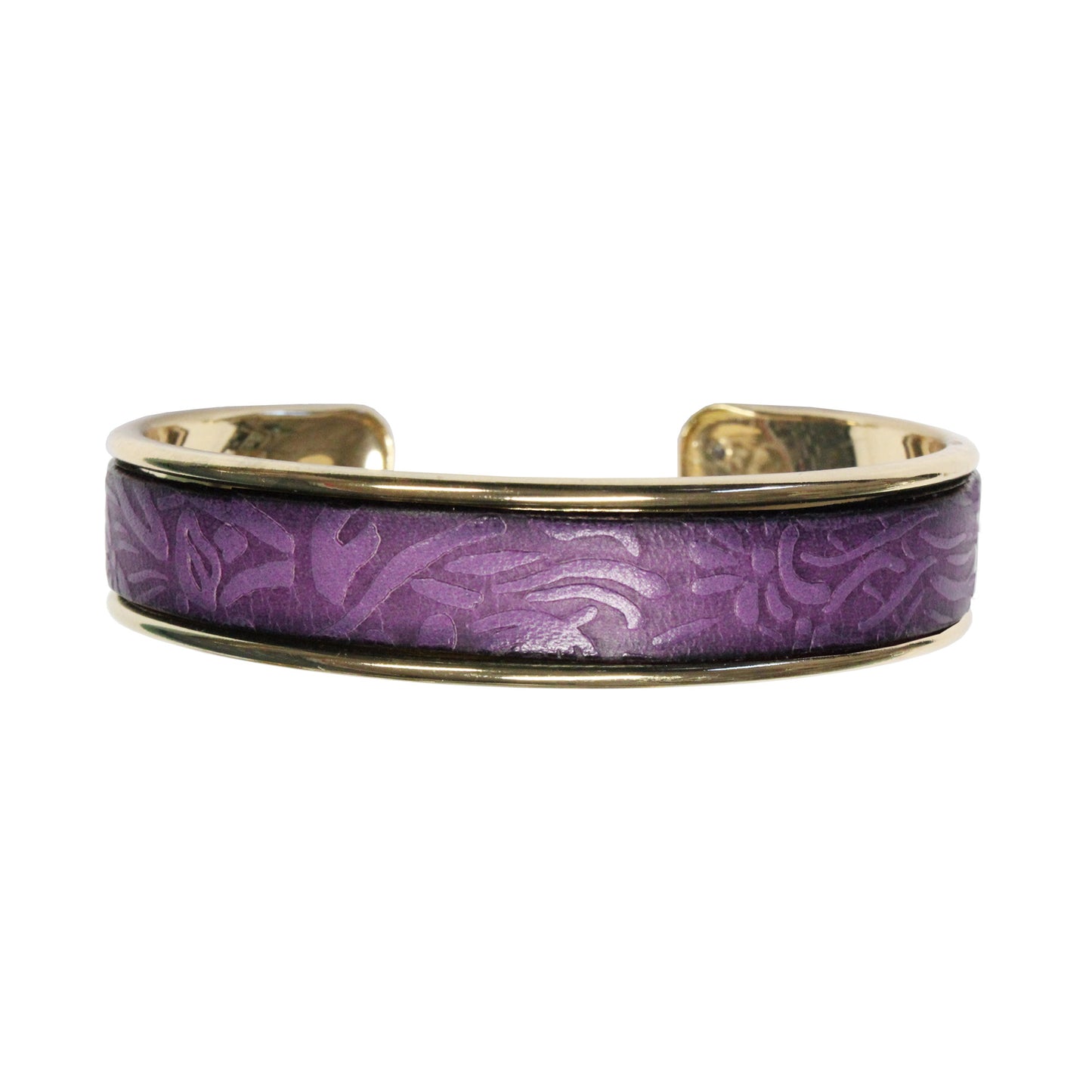 Purple Leather Cuff Bracelet / fits up to 7 inch wrist size / embossed floral leather / gold plated cuff