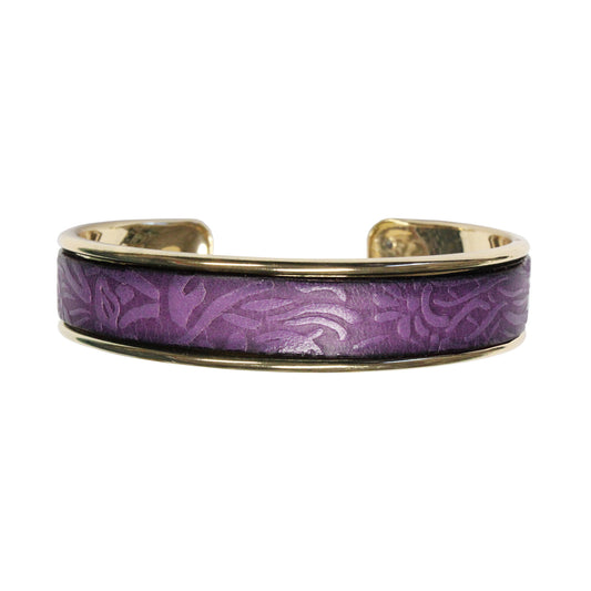 Purple Leather Cuff Bracelet / fits up to 7 inch wrist size / embossed floral leather / gold plated cuff