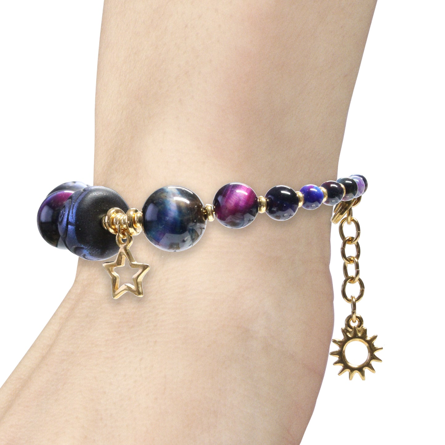 Rainbow Black Celestial Bracelet / 6 to 7 Inch wrist size / gold pewter beads and charms