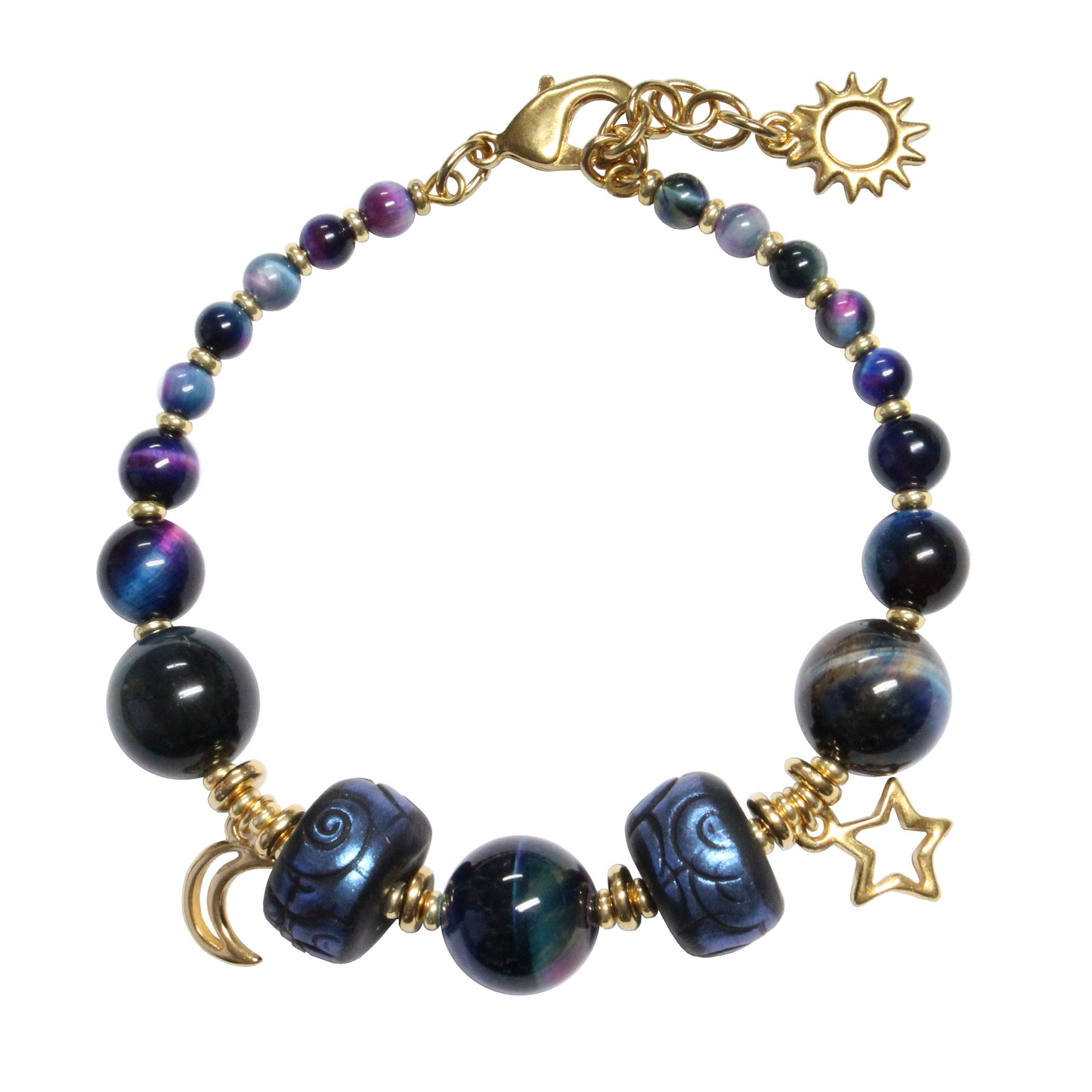 Rainbow Black Celestial Bracelet / 6 to 7 Inch wrist size / gold pewter beads and charms