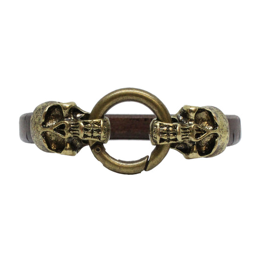 Skull and Ring Bracelet / 7.5 Inch wrist size / large antique bronze double skull clasp / brown bark leather cord