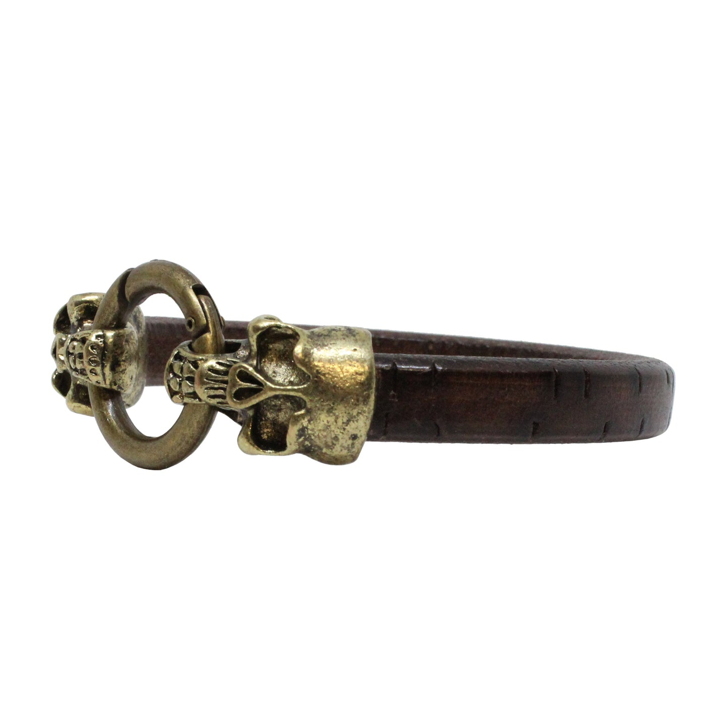 Skull and Ring Bracelet / 7.5 Inch wrist size / large antique bronze double skull clasp / brown bark leather cord