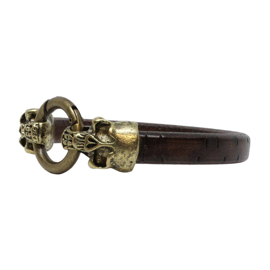 Skull and Ring Bracelet / 7.5 Inch wrist size / large antique bronze double skull clasp / brown bark leather cord