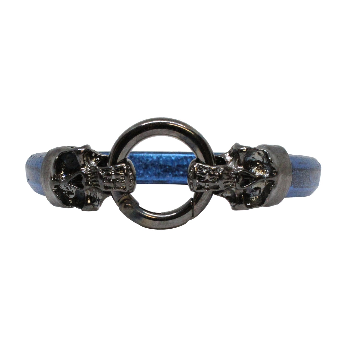 Skull and Ring Bracelet / 7.5 Inch wrist size / large black double skull clasp / blue leather cord