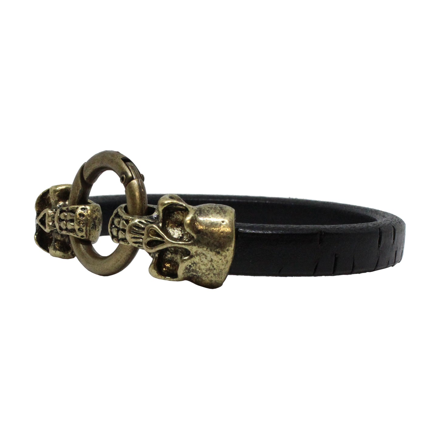Skull and Ring Bracelet / 7.5 Inch wrist size / large antique bronze double skull clasp / black bark leather cord