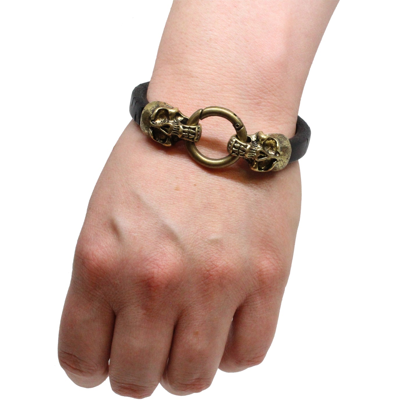 Skull and Ring Bracelet / 7.5 Inch wrist size / large antique bronze double skull clasp / black bark leather cord
