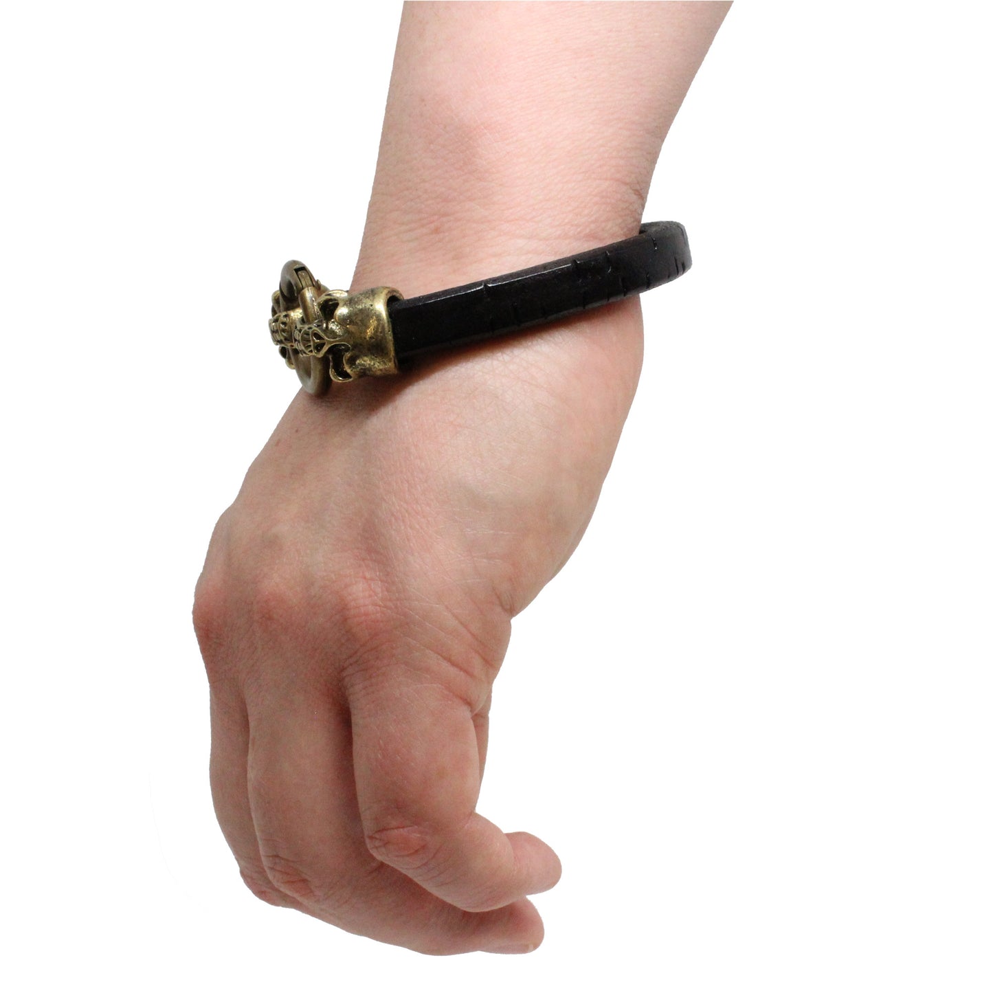 Skull and Ring Bracelet / 7.5 Inch wrist size / large antique bronze double skull clasp / black bark leather cord