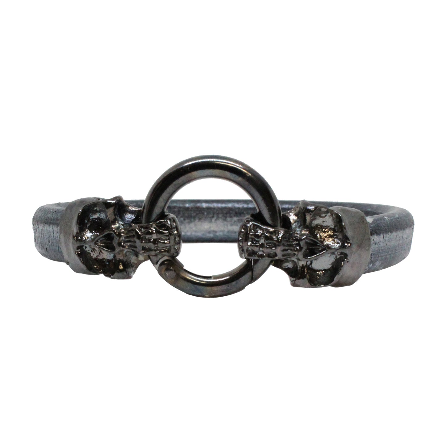 Skull & Ring Bracelet — Grey Leather Cord with Double Skull Hinge Clasp | 7.5″ Unisex Halloween Bracelet